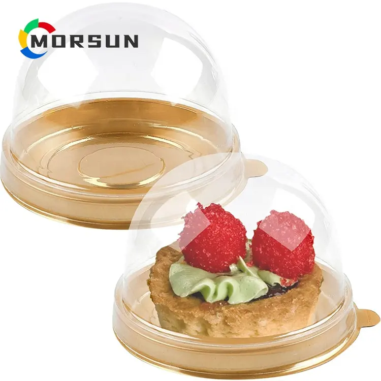 MorSun-Mini cajas de cupcakes individuales para magdalenas, set de 50 unidades con soporte dorado y tapa transparente, 60-80g