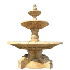 Customized large hand carved beige marble water fountain 3 tier yellow rusty decor garden stone marble water fountain