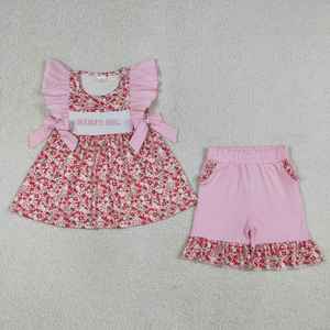 Ensemble court à imprimé floral rouge mignon pour petites filles, haut à manches bouffantes rose pour enfants avec short à volants, vêtements de détente d'été pour enfants - Product Image 5