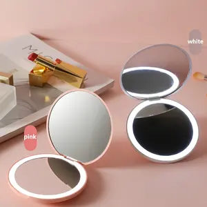 Cermin lipat aluminium portabel, cermin rias putih dan merah muda kecil dengan lampu led usb