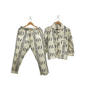 Ensemble de pyjama en coton à imprimé géométrique pour femmes, manches longues, col rabattu, vêtements de nuit décontractés, printemps, 2 pièces - Product Image 1