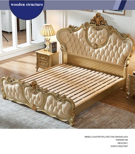 Ensemble de lit double royal européen de luxe en cuir véritable avec cadre en bois massif pour la maison, la villa, l'hôtel, la chambre à coucher, le salon - Product Image 4