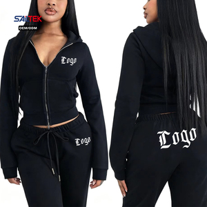Ensemble de <span class=keywords><strong>survêtement</strong></span> personnalisé pour <span class=keywords><strong>femme</strong></span>, coupe ajustée, avec sweat à capuche zippé intégral et pantalon évasé, deux pièces - Product Image 1