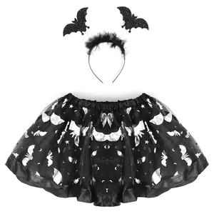 Pafu Halloween Party Outfit For Kids Black Sliver Tutu Skirts For Girls Cosplay Party Costume Bat Feather Glitter Hairbands