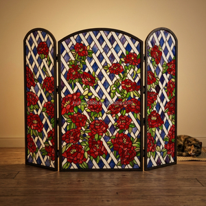 Customized Stained Glass Room Divider 3 Panels Floral Pattern Red Roses Blue Background Freestanding Decorative <b>Screen</b> - Product Image 1