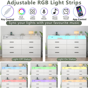 <span class=keywords><strong>Commode</strong></span> moderne blanche à 6 tiroirs avec éclairage LED <span class=keywords><strong>et</strong></span> station de charge, armoire de rangement avec ports USB - Product Image 4