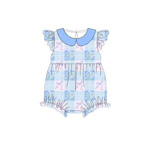 Conjuntos de pantalones cortos casuales personalizados con lazos florales azul cielo para niñas, peleles de burbuja para bebés, camisas para niños, conjuntos a juego para hermanos, de lana peinada. - Product Image 3