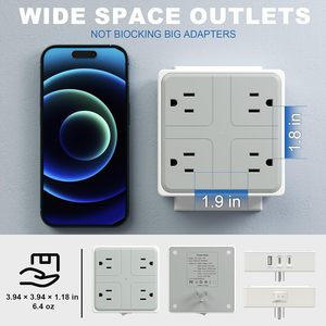 Side Mount 2 Type <b>C</b> 1 <b>USB</b> A 4 AC Outlets Square Wall Tap 20W Total Surge Protection Compact 100x100x30mm for Home Office Travel - Product Image 2