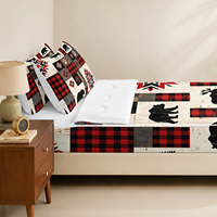 Parure de lit rustique style campagnard avec motif patchwork à carreaux buffle et ours, drap-housse zippé et 2 taies d'oreiller