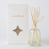 Diffuseur d'arômes moderne de style apothicaire avec bâtonnets en rotin, flacon en verre transparent, ensemble diffuseur d'arômes de luxe personnalisé avec accent feuille en bois