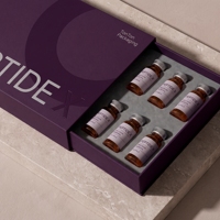Boîte rigide personnalisée en forme de prune pour flacons de peptides, 6 flacons, avec éponge, vernis sélectif UV et logo en relief