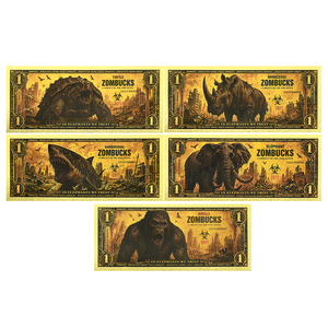 Nouveauté Zombucks <span class=keywords><strong>Billets</strong></span> <span class=keywords><strong>de</strong></span> <span class=keywords><strong>banque</strong></span> en or - Série Animaux Apocalyptiques Carte en feuille d'or double face 14,6x6,5cm Tortue géante Rhinocéros Requin - Product Image 1