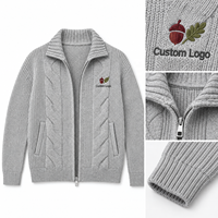 Cardigan zippé surdimensionné en maille torsadée gris clair OEM pour homme, col montant, sweat-shirt à capuche avec poches