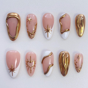 10 <span class=keywords><strong>Uñas</strong></span> Postizas Francesas Color <span class=keywords><strong>Rosa</strong></span> Nude Almendrado <span class=keywords><strong>con</strong></span> Línea Dorada Metálica, Estrella y Corazón, <span class=keywords><strong>Uñas</strong></span> Postizas <span class=keywords><strong>con</strong></span> Punta Brillante de Lujo, Pre-diseñadas y Adhesivas - Product Image 2