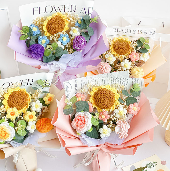 Colorful Wool Flowers Crochet Bouquet Christmas Gifts Rose Tulips