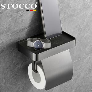 Porte-papier toilette en acier inoxydable 304 noir mat avec étagère, sans perçage, fixation murale, distributeur de papier toilette, salle de bain, hôtel - Product Image 4