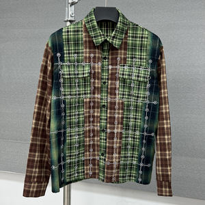 T-shirts surdimensionnés délavés à l'acide en flanelle streetwear de créateur avec logo Chemise à manches longues boutonnée à carreaux et strass pour hommes - Product Image 5