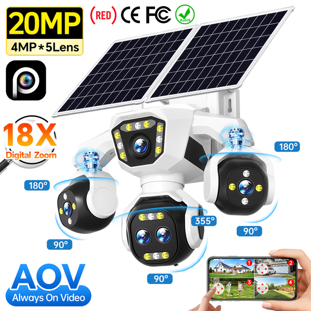 2026 Newest 20MP  5Lens  4-Screen 4G Solar Security Camera  6 Motors, 3PTZs  Outdoor AOV Camera with Full Color Night Vision