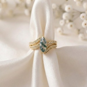 Bagues fines de style bohème en argent sterling plaqué or 18 carats avec agate verte naturelle de forme marquise, prix d'usine personnalisé - Product Image 3