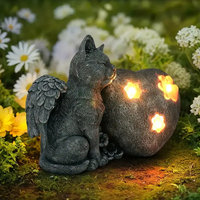 Ange solaire chat et coeur résine Sculpture lumière rougeoyante patte et fleur détail jardin décoratif animal mémorial cadeau d'affaires