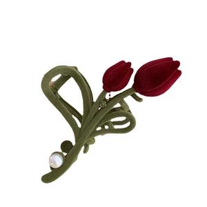 Pinza de Pelo con Flor de Terciopelo Rojo para Otoño e Invierno, Accesorios para el Cabello Diarios para Mujer, Temperamento Dulce, Pinza de Pelo Grande con Flor de Peluche - Product Image 2