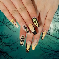 Faux ongles à presser pour Halloween avec motifs crâne, chauve-souris, citrouille, fantôme – Embouts d'ongles effrayants pour fête, cosplay, femmes