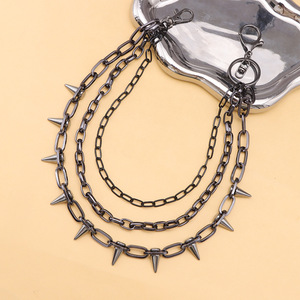 โซ่คล้องกางเกงหลายชั้นสีดำเมทัลลิกประดับหมุดและหนามแหลม โซ่คาดเอวแฟชั่นฮิปฮอปสไตล์ลำลอง วัสดุโลหะผสมสังกะสี วงแหวนคู่ - Product Image 4