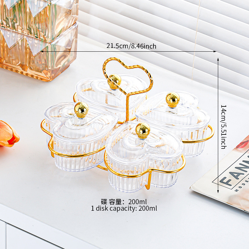 Porte-assiette transparent en forme de coeur à 4 compartiments avec perles dorées
