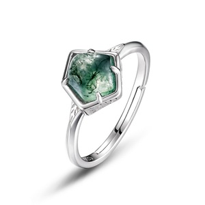 Anello di Fidanzamento Unisex Trendy in Agata Muschiata, Pietra Verde Irregolare, Placcatura in Oro Bianco, <span class=keywords><strong>Solitario</strong></span> per Matrimoni, Feste o Regalo - Product Image 1