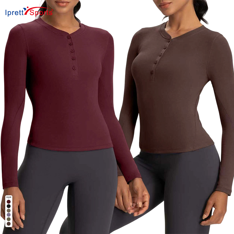 Breathable Lyocell Fabric Button up Yoga Shirts Round Neck Slim Fit Long Sleeve Henley T Shirt Women