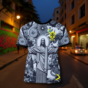 Camiseta con gráfico inspirado en Brasil, patrones barrocos negros, arte del monumento de Río, camiseta audaz de estilo urbano para fanáticos de la cultura - Product Image 3