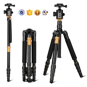 Tripod Video profesional aluminium QZSD-Q666, tripod 2 in 1 dengan kepala halus portabel dan kamera tesscope monopod, tripod berdiri