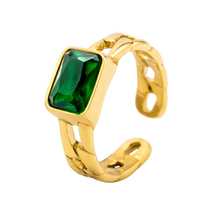 yunnique Fashion <b>Rings</b> Geometric Gold Plated Cuban Chain <b>Open</b> <b>Ring</b> With Blue Green Transparent Stone Bezel Setting Jewelry Gift - Product Image 5