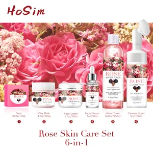 Rose Skin Care Set 6-piece Kit Facial Cleanser Foam Water Toner Clay Mask Serum Cream Rose Skin Care Set New Private Label