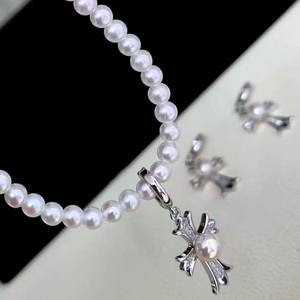 Accessoires en perles DIY 31279, pendentif en argent S925, collier simple avec croix vide, perles rondes de 6 à 8 mm de taille princesse - Product Image 3