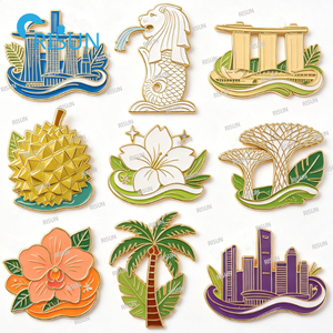 Imán de nevera, broche, insignia y pin de solapa esmaltado de recuerdo personalizado del icónico <span class=keywords><strong>Vanda</strong></span> Miss Joaquim y el Merlion de Singapur - Product Image 3