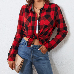 Của Phụ Nữ Giản Dị Dài Tay Áo Flannel Hàng Đầu Với Phía Trước Logo Lớn Áo Sơ Mi Sọc Cho Mùa Xuân Mùa Thu Đơn Giản Chính Thức Văn Phòng Mặc - Product Image 1