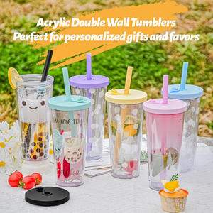 Gobelet à neige en plastique à double paroi réutilisable sans BPA, 24 oz, acrylique transparent, pré-percé, avec paille et bouchon - Product Image 6