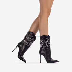 Vintage Pointed Toe Leather Sole Sexy Western <strong>Boots</strong> Stiletto Black Leather <strong>Women</strong> Le <strong>S</strong> Western 120mm Embroidered Cowboy <strong>Boots</strong> - Product Image 3