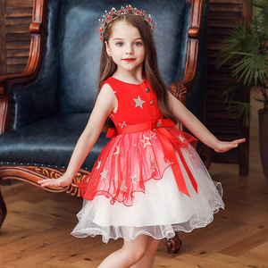 Vestido de princesa para niños, tul rojo, corte en A, cuello redondo, disfraz de niña de las flores, ropa para actuaciones - Product Image 1