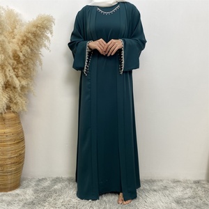 2006+6595# Ramadan 2 Pieces Abaya <b>Set</b> Diamond Cuff Abaya and Sleeveless Inner Dress With Belt Match One Silver Diamond Chain - Product Image 5
