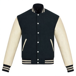 <b>Men's</b> Navy Varsity <b>Jacket</b> With <b>Cream</b> Genioun Leather Sleeves Turn-down Collar Regular Fit Preppy Style Autumn Wear - Product Image 1
