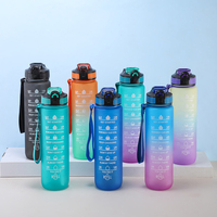 Bouteilles d'eau de sport en plastique de grande capacité 1000 ml, couleur dégradée, avec paille graduée, gobelet d'eau de sport d'extérieur