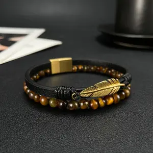 Oem Jewelry Gold Plated Stainless Steel Feather Yellow Tiger Eye Beaded Charms 12MM Charm Leather Bracelet For Men