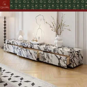 Console TV moderne et artistique pour salon, en marbre Calacatta à base blanche et veines noires, 3 tiroirs à ouverture par pression, découpe sur mesure OEM - Product Image 5