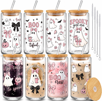 Gobelet en verre transparent fantôme mignon personnalisé avec logo, 16 oz, avec couvercle en bambou et paille en verre, idéal pour les cadeaux de fête d'Halloween (vente en gros)