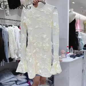 Getspring Women Dress Flare Sleeve Embroidery Vintage Dresses Long Sleeves O-neck Fashion Sexy Dresses For Women 2024