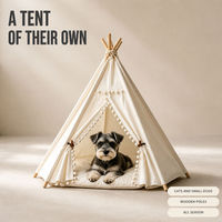 Tente tipi pour animaux de compagnie |   Tente pour chat en lin et toile imprimée avec poteaux en bois |   Tentes pour animaux de compagnie personnalisées OEM ODM