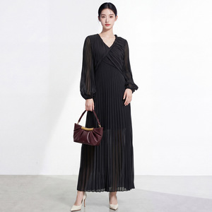 PY 2026 New Arrival Plus Size Formal Miyake Pleated <b>Chiffon</b> Crew Neck Regular Sleeve Tiered A-Line <b>Maxi</b> <b>Dress</b> ODM Bulk Clothing - Product Image 3