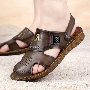 Men's Summer Leather <b>Closed</b>-<b>Toe</b> <b>Sandals</b> Flat Rubber Sole Casual Outdoor Beach Shoes Khaki Brown Slip-On - Product Image 4